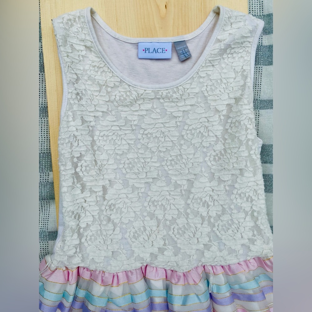 XL 10/12 Girl Elegant Lace Dress Sleeveless Lace And Striped Knit To Woven Dress - Picture 4 of 9